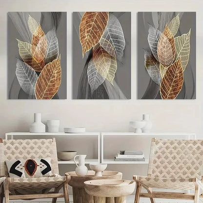 3pcs Black Paintings Abstract Leaves Artwork Metal Print Ready to Hang Art - Bella Home Decor
