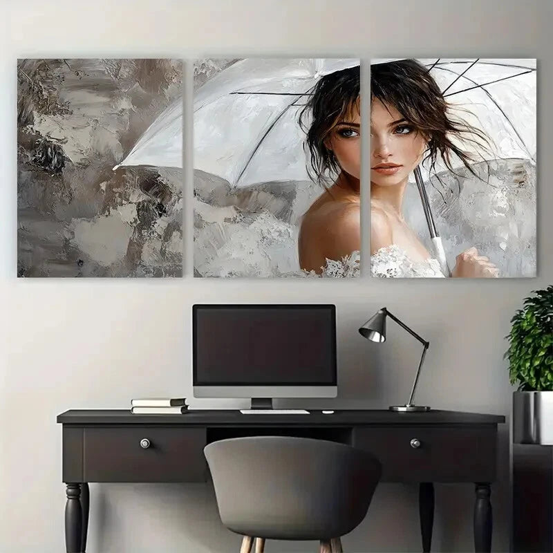 3pcs Woman with White Umbrella Modern Wall Art for Metal Print Ready to Hang Art - Bella Home Decor