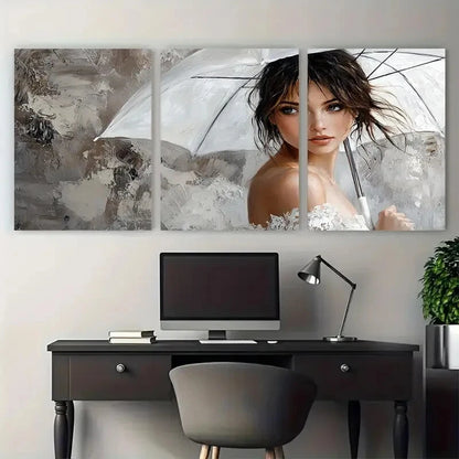3pcs Woman with White Umbrella Modern Wall Art for Metal Print Ready to Hang Art - Bella Home Decor