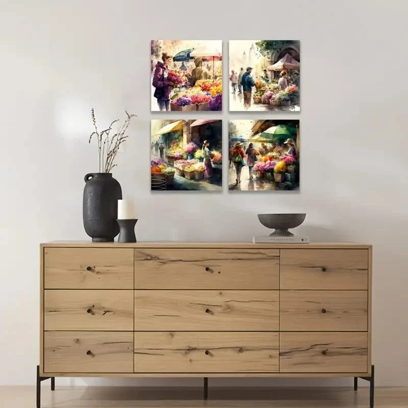 4pcs  Vibrant Flower Market Print Set - Botanical Wall Art Canvas Framed
