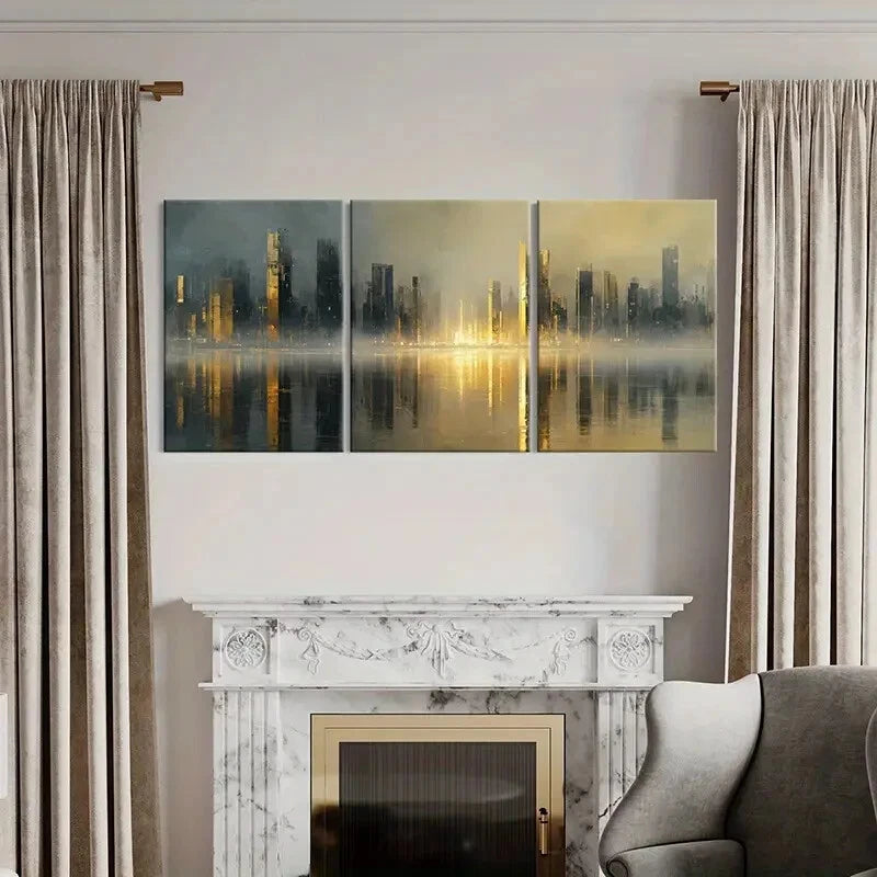 3pcs Cityscape Reflection Urban Skyline Futurist Metal Print Ready to Hang Art - Bella Home Decor