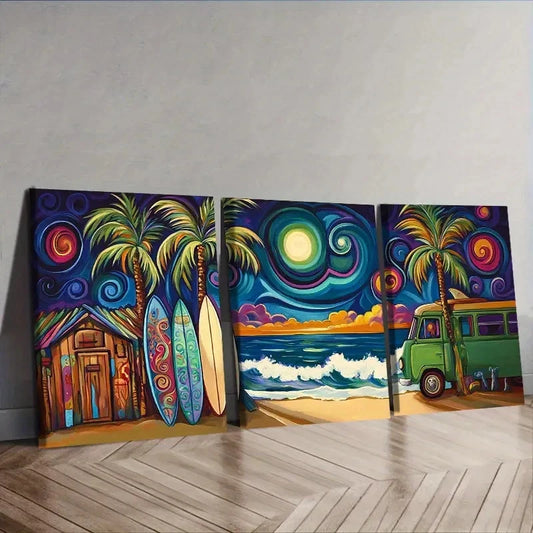 3pcs Colorful Kombi Van Parked At The Beach Wall Art Set Canvas Framed 50x70cm - High Quality Print 100% Australian Made Wall Canvas Ready to Hang