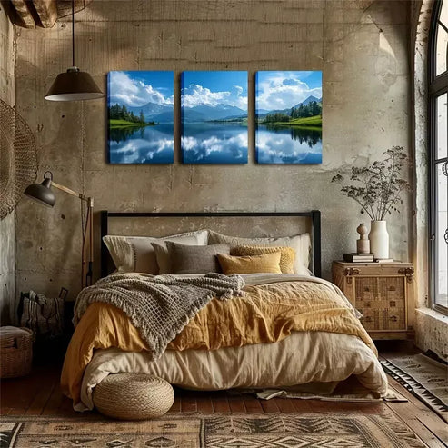 3pcs Sky, White Clouds, Lake Wall Art Canvas Unframed - High Quality Print 100% Australian Made Wall Canvas