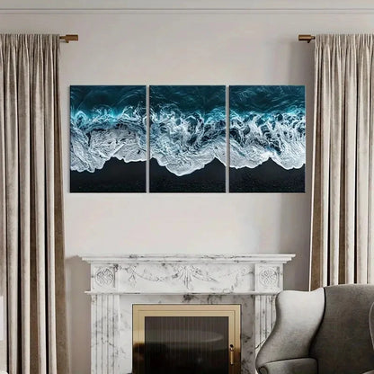 3pcs Ocean Waves Black Sand Beach Natural Lands Metal Print Ready to Hang Art - Bella Home Decor