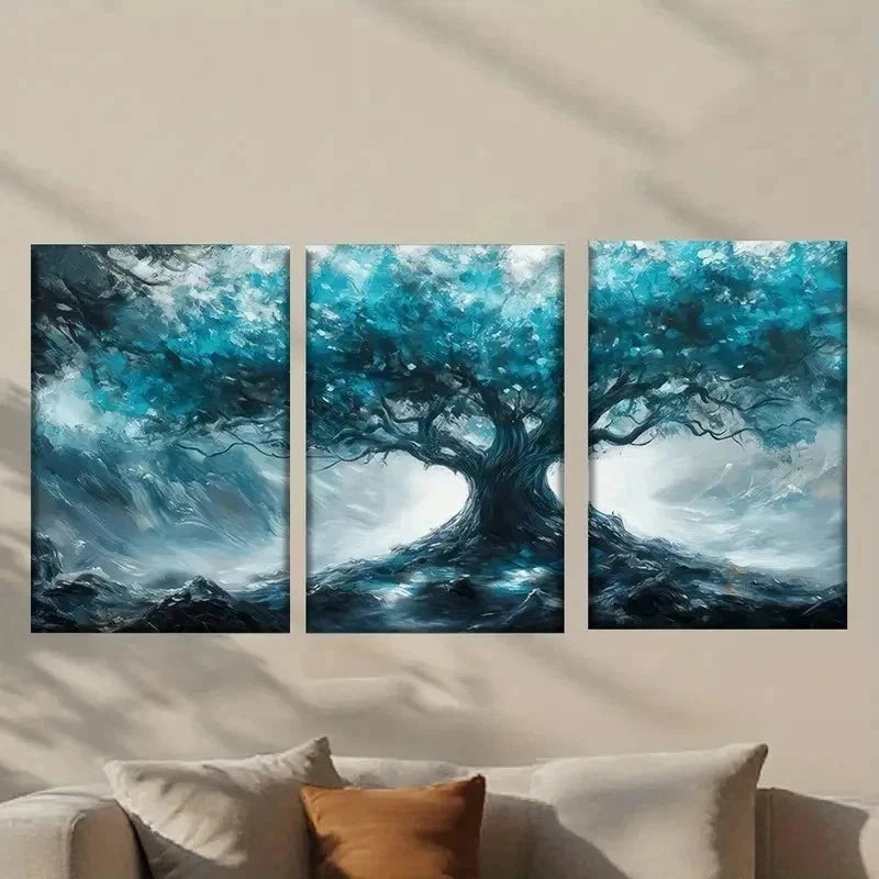 3pcs Tree with Glowing Blue Leaves Wall Art Set Canvas Framed 50x70cm - High Quality Print 100% Australian Made Wall Canvas Ready to Hang