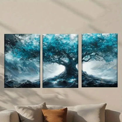 3pcs Tree with Glowing Blue Leaves Wall Art Set Canvas Framed 50x70cm - High Quality Print 100% Australian Made Wall Canvas Ready to Hang