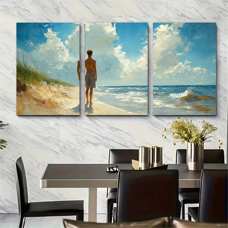 3pcs Male Figures Art Painting Beach Metal Print Ready to Hang Art