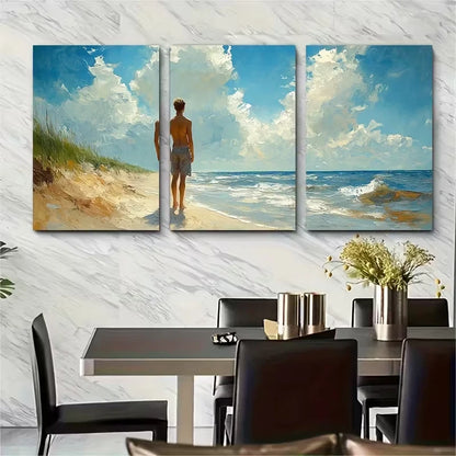 3pcs Male Figures Art Painting Beach Metal Print Ready to Hang Art