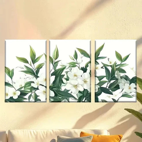 3pcs White Flower with Green Leaves Wall Art Canvas Unframed - High Quality Print 100% Australian Made Wall Canvas