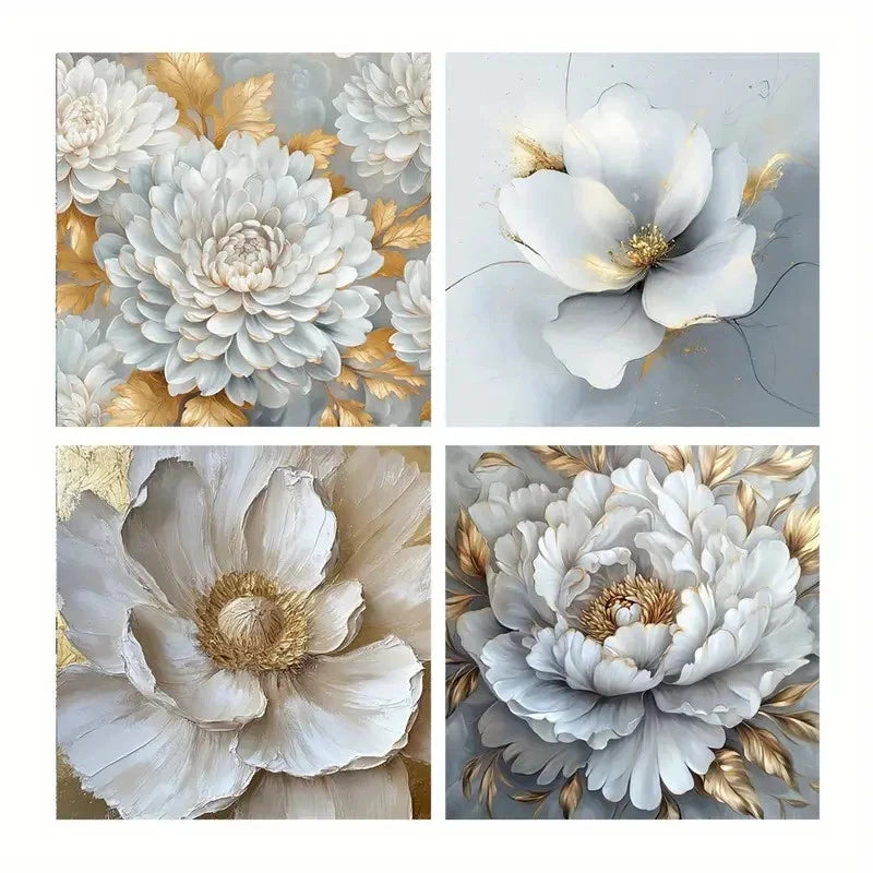 4pcs Golden Leaf Poster, White Flower Wall Art Canvas Framed