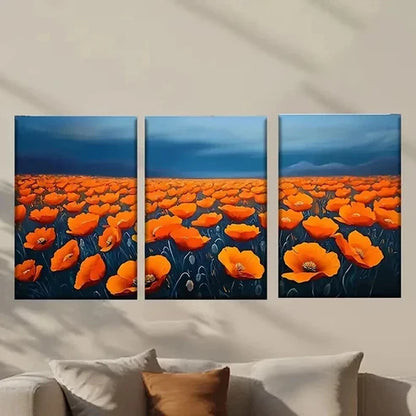 3pcs Orange Flowers in a Field & Dark Sky Wall Art Canvas Unframed - High Quality Print 100% Australian Made Wall Canvas