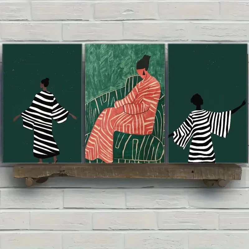 3pcs Dark Light Beige Female Art Painting Metal Print Ready to Hang Art - Bella Home Decor