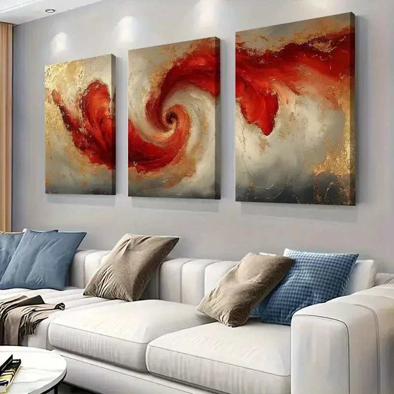 3pcs Abstract Modern Red Golden Swirling Flow Wall Art Set Canvas Framed 50x70cm - High Quality Print 100% Australian Made Wall Canvas Ready to Hang