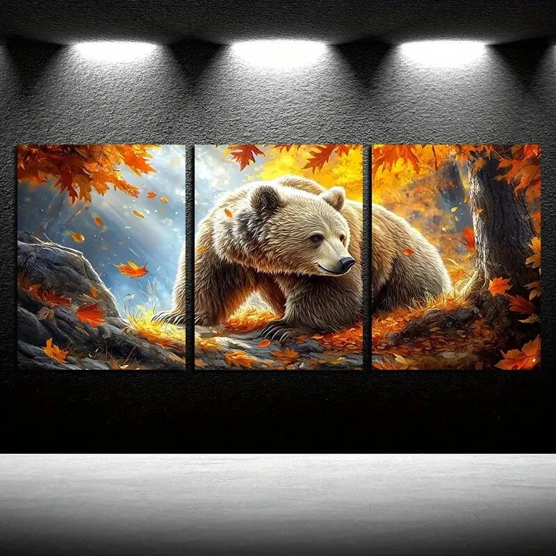 3pcs Bear in Autumnal Forest Scene with Leaves Metal Print Ready to Hang Art - Bella Home Decor