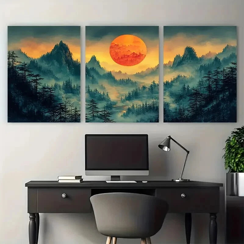 3pcs Misty Sunrise Forest Traditional Design Metal Print Ready to Hang Art - Bella Home Decor