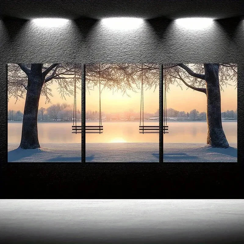 3pcs Serene Lake & Snow Scene Metal Print Ready to Hang Art