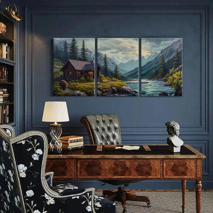 3pcs Rustic Mountain Cabin Bear & River Landscape Metal Print Ready to Hang Art - Bella Home Decor