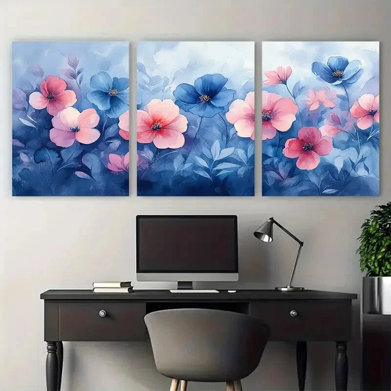 3pcs Abstract Garden Design in Blues Pinks Metal Print Ready to Hang Art - Bella Home Decor