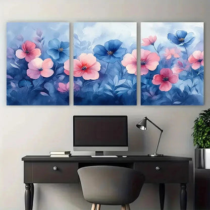 3pcs Abstract Garden Design in Blues Pinks Metal Print Ready to Hang Art - Bella Home Decor