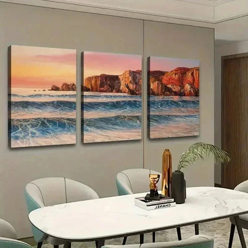 3pcs Vibrant Sunset Ocean Scene Coastal Art Set Canvas Unframed - High Quality Print 100% Australian Made Wall Canvas