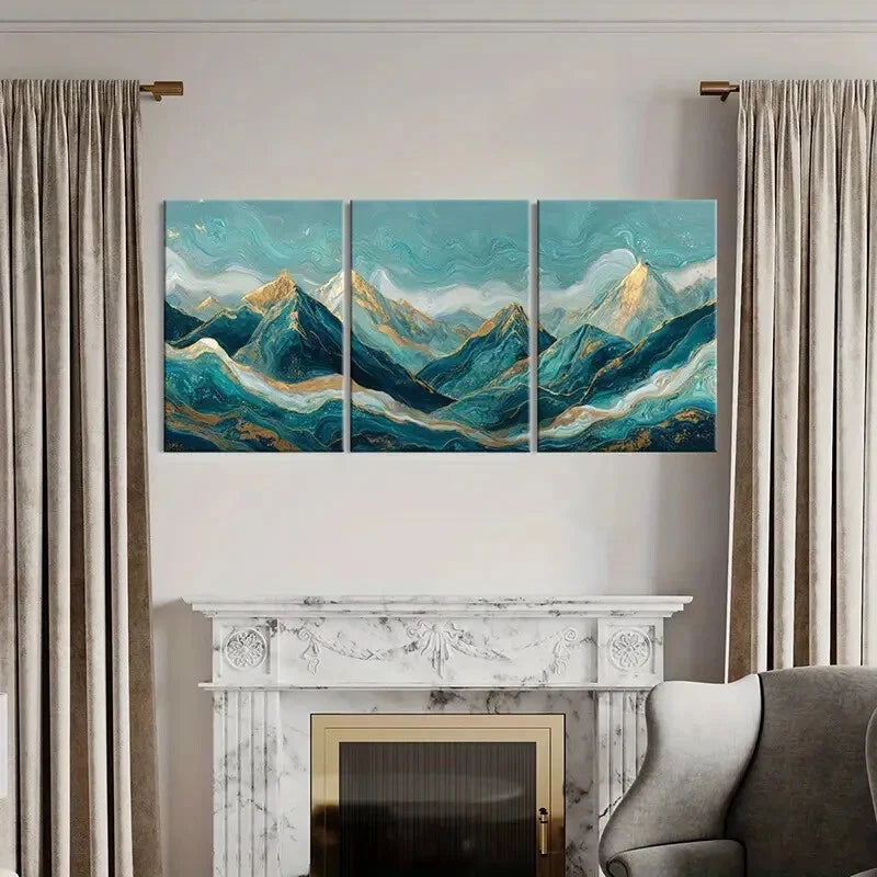 3pcs Abstract Mountain Landscape Golden Peaks Metal Print Ready to Hang Art - Bella Home Decor