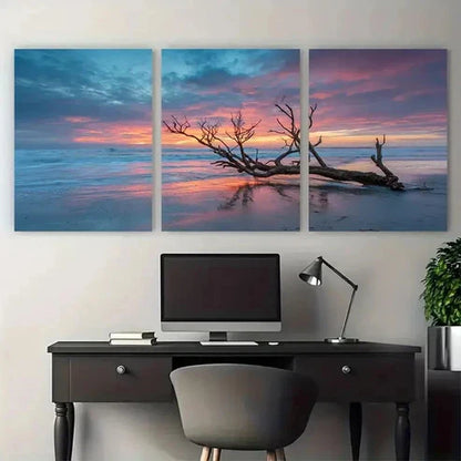 3pcs Tree Branch On The Beach At Dusk Perfect Wall Art Canvas Unframed – High Quality Print 100% Australian Made Wall Canvas