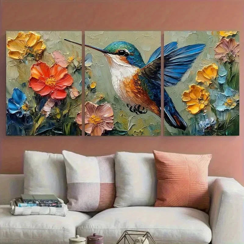 3pcs Hummingbird Small Bird Textured Design Metal Print Ready to Hang Art - Bella Home Decor