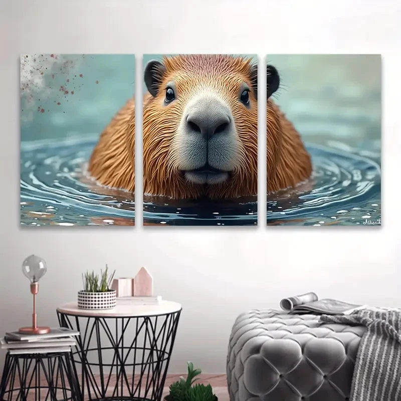 3pcs Cute Capybara In Water Wall Art Set Canvas Framed 60x90cm - High Quality Print 100% Australian Made Wall Canvas Ready to Hang - Bella Home Decor