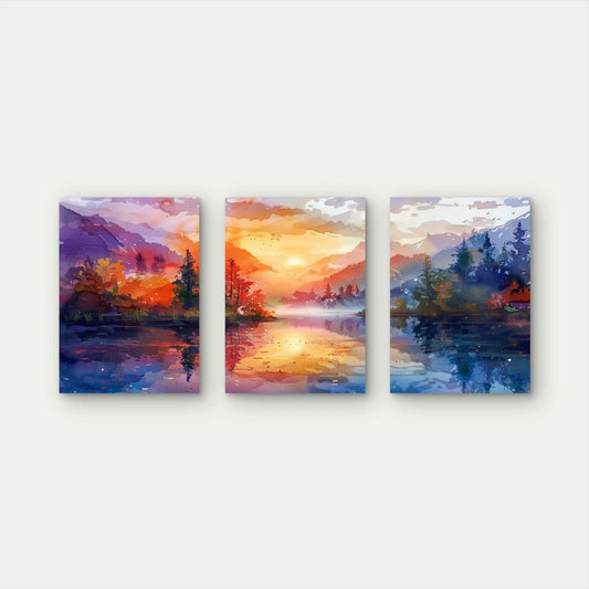 3pcs Vibrant Watercolor Sunset Mountain Lake Wall Art Set Canvas Framed 60x90cm - High Quality Print 100% Australian Made Wall Canvas Ready to Hang - Bella Home Decor