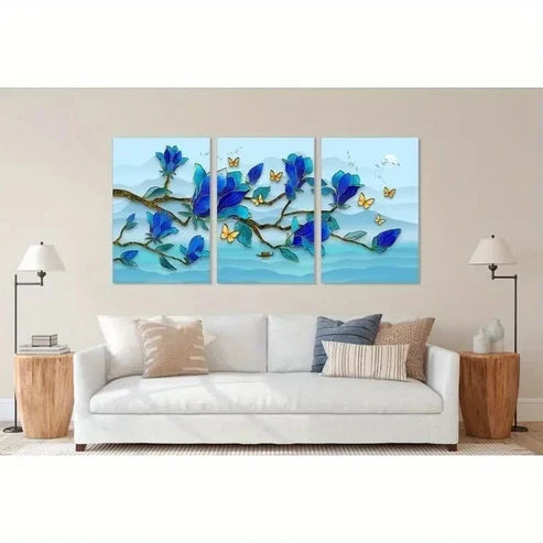 3pcs Blue & Yellow Magnolias Wall Art Canvas Unframed - High Quality Print 100% Australian Made Wall Canvas - Bella Home Decor