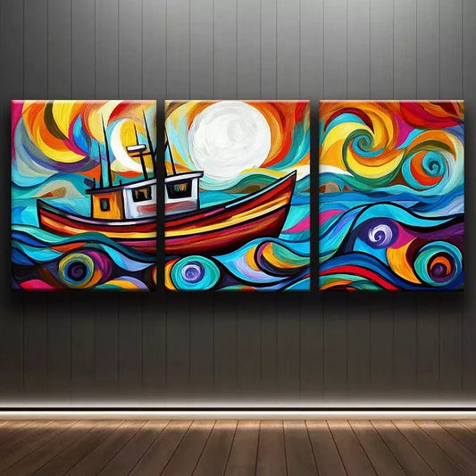3pcs An Abstract Depiction Of A Fishing Trawler Wall Art Set Canvas Framed 40x60cm - High Quality Print 100% Australian Made Wall Canvas Ready to Hang