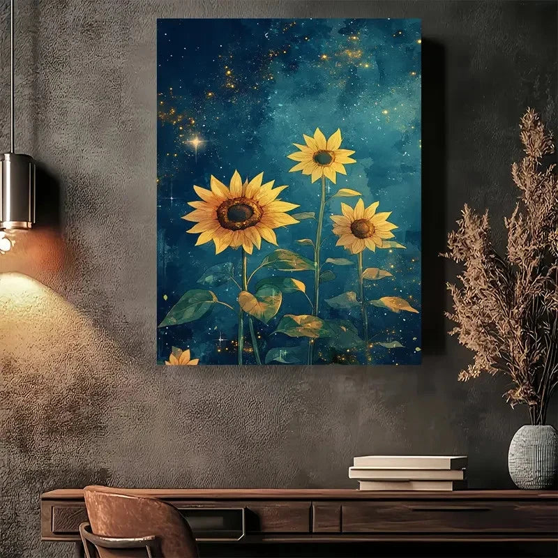 Beautiful Starry Night Sunflowers Painting 40x60cm Metal Print Ready to Hang