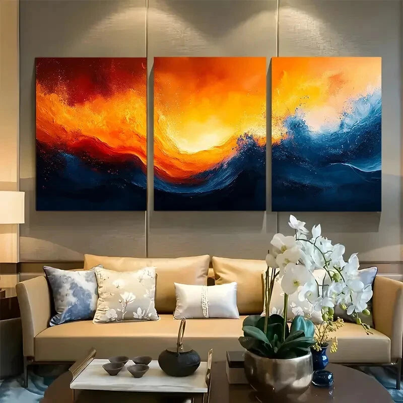 3pcs Abstract Orange And Blue Composition Design Metal Print Ready to Hang Art