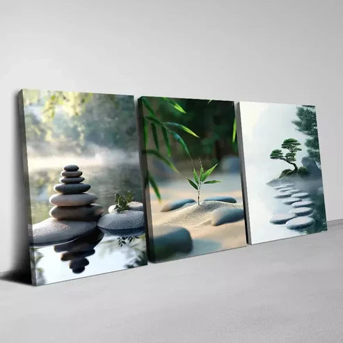 3pcs Modern Zen Style with Stones & Greenery Wall Art Set Canvas Unframed - High Quality Print 100% Australian Made Wall Canvas