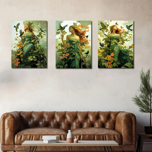3pcs A Goddess Of Nature Surrounded By Birds Metal Print Ready to Hang Art