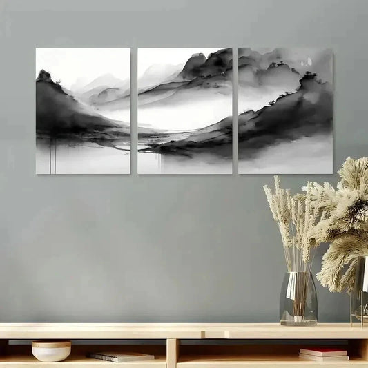 3pcs Minimalist Black & White Watercolor Wall Art Set Canvas Framed 40x60cm - High Quality Print 100% Australian Made Wall Canvas Ready to Hang