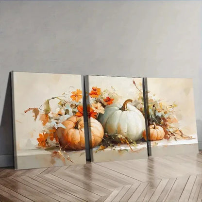 3pcs Paintings of Pumpkins and Flowers Wall Art Set Canvas Unframed - High Quality Print 100% Australian Made Wall Canvas