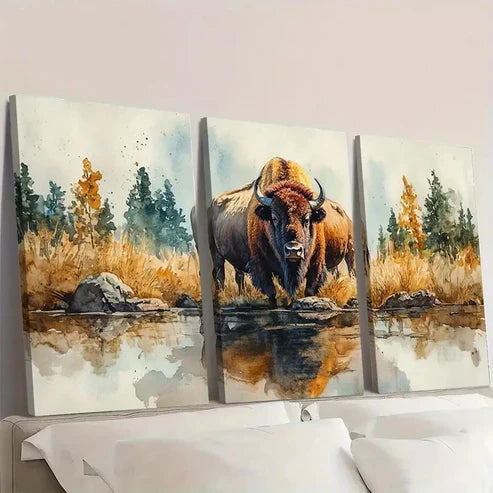 3pcs Yellowstone National Park Bison a Wall Art Canvas Unframed - High Quality Print 100% Australian Made Wall Canvas - Bella Home Decor