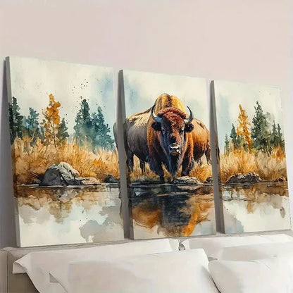 3pcs Yellowstone National Park Bison a Wall Art Canvas Unframed - High Quality Print 100% Australian Made Wall Canvas - Bella Home Decor