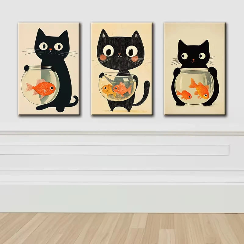 3pcs Black Cat and Fish Tank Illustration Wall Art Set Canvas Framed 60x90cm - High Quality Print 100% Australian Made Wall Canvas Ready to Hang