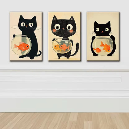 3pcs Black Cat and Fish Tank Illustration Wall Art Set Canvas Framed 60x90cm - High Quality Print 100% Australian Made Wall Canvas Ready to Hang