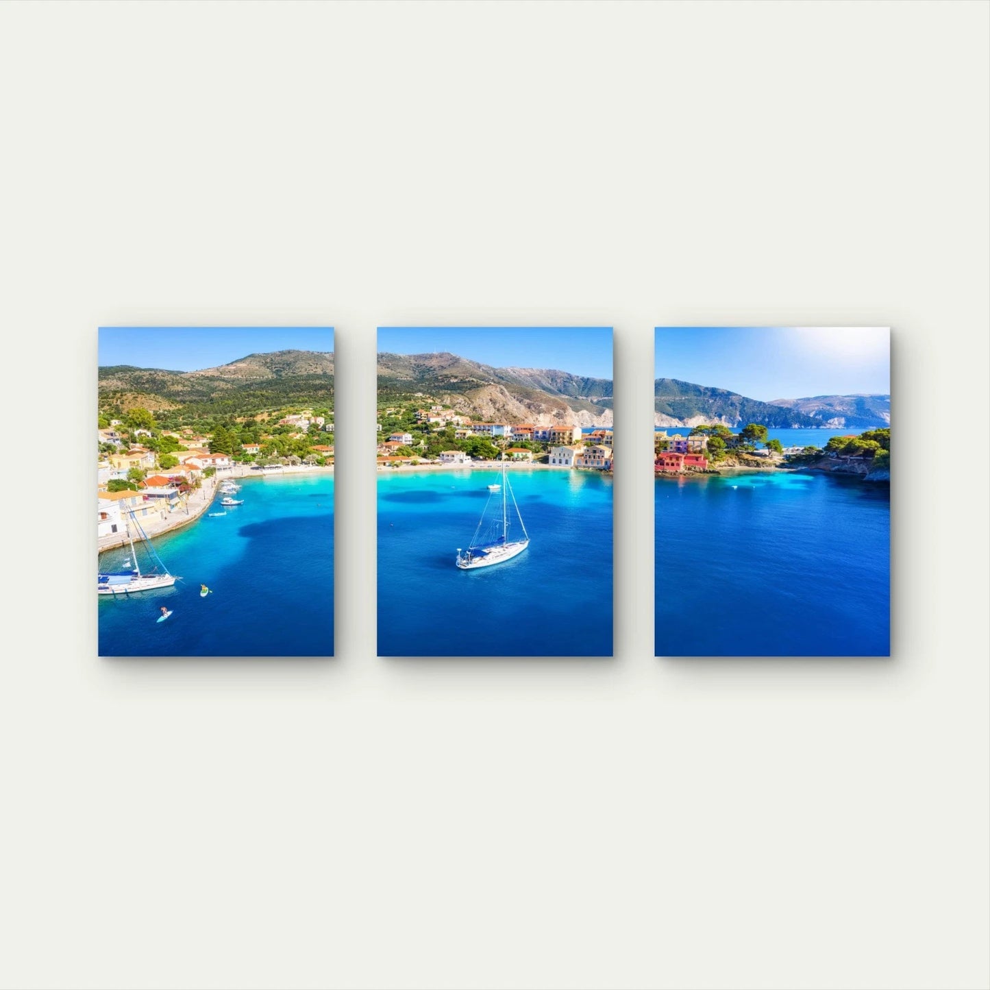 3pcs Colorful Houses Of Assos Village Bay Wall Art Set Canvas Framed 60x90cm - High Quality Print 100% Australian Made Wall Canvas Ready to Hang - Bella Home Decor