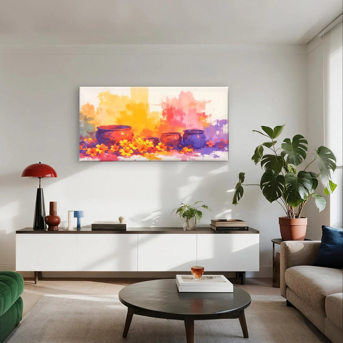 Minimalist Watercolour Pot & Yellow Wall Art Canvas Office Home Framed 120x60cm