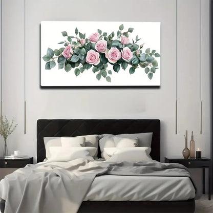Floral artwork above a bed in a bedroom setting