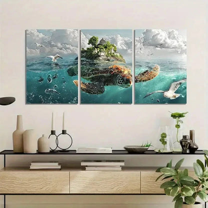 3pcs Abstract Turtle in the Ocean Metal Print Ready to Hang Art - Bella Home Decor