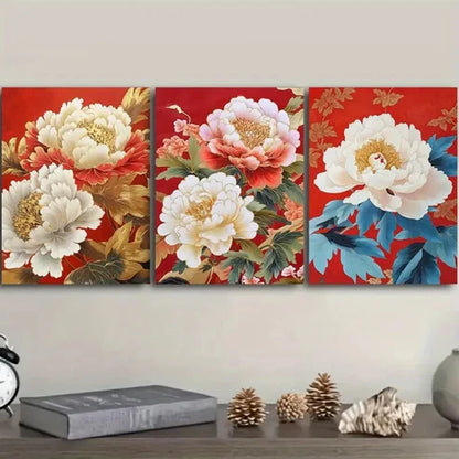 3pcs Luxurious Peony Flower Painting Wall Art Set Canvas Unframed - High Quality Print 100% Australian Made Wall Canvas