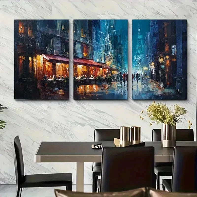 3pcs Night City Landscape Restaurant Perfect Wall Art Set Canvas Framed 50x70cm - High Quality Print 100% Australian Made Wall Canvas Ready to Hang