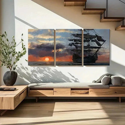 3pcs Vintage Nautical Pirate Ship in Sunset Wall Art Set Canvas Framed 60x90cm - High Quality Print 100% Australian Made Wall Canvas Ready to Hang
