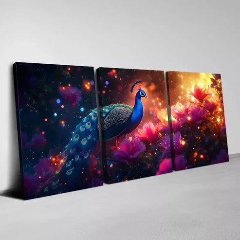 3pcs Elegant Magical Peacock with Pink Florals Wall Art Canvas Unframed - High Quality Print 100% Australian Made Wall Canvas