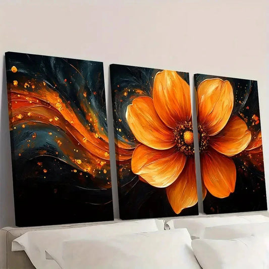 3pcs Orange Flower Painting QW Wall Art Set Canvas Framed 50x70cm - High Quality Print 100% Australian Made Wall Canvas Ready to Hang
